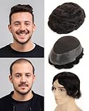 BEEOS Lace Top with Thin Skin PU Around Base Toupee Hair for Men, 8x10 Inch 130% Density Invisible Natural Hairline Mens Hair Piece #1B Natural Black