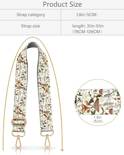 Image of Purse Strap Replacement Crossbody 2 inch Wide Shoulder Strap, Cute Handbag Strap Bag Strap Replacement Belts Adjustable Cute White Boho Mushrooms