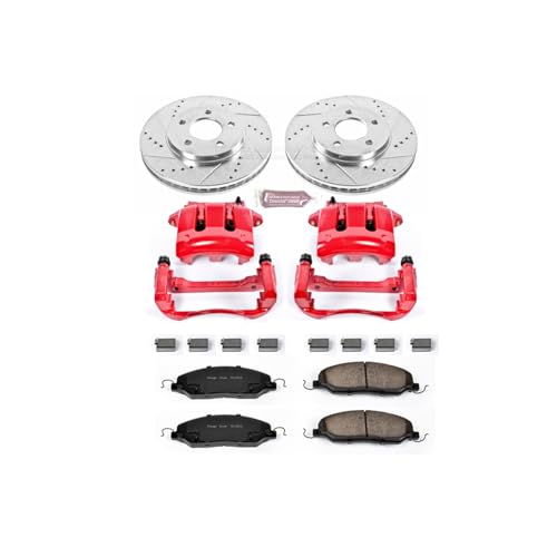Image of PowerStop Front Brake & Caliper Kit for Ford Mustang 2005-10 - Carbon-Fiber Ceramic Brake Pads + Drilled & Slotted Rotors + Red Powder Coated Calipers, KC1382