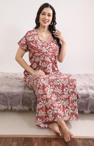 Image of GLAMORAS Bizzy Lizzy Cotton Nighty Gown with Side Pocket for Women | Regular, Digital Printed & Full Length Maxi Night Gown | Night Wear Maxi Gown for Women | Size: M-2XL