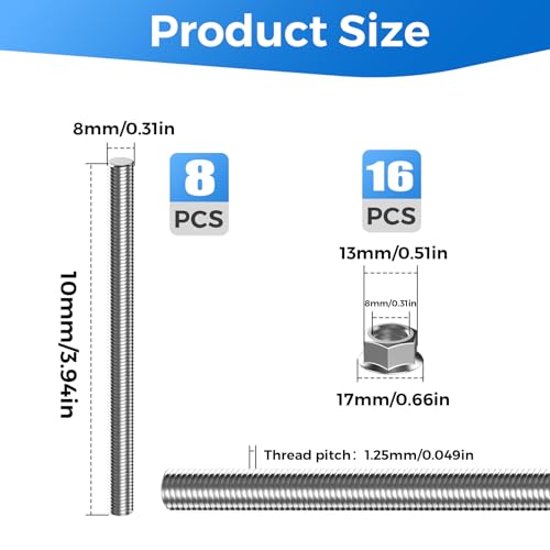 8 Stück Gewindestange,M8 x 100 mmGewindestangen,Gewindestange Edelstahl mit 16 Sechskantmutter,Gewindestäbe mit Metrischem Vollgewinde für Die Montage von Möbeln und Industrielle Fertigung (Silber)