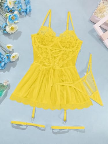 Image of Lilosy Sexy Garter Belt Mesh Lace Babydoll Lingerie Dress Set with Thong