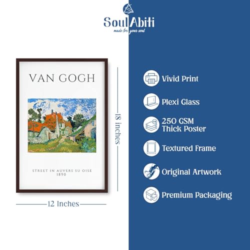 Image of SoulAbiti Street in Auvers-sur-Oise - 1890 & The Starry Night 1889 Framed Wall Art Print Set of 2 12x18 inch Dark Brown Frame Plexi-Glass Famous Paintings Home Living Room Bedroom Office Decor