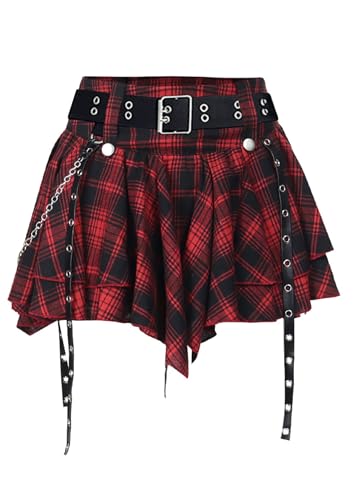Sunidol Women Gothic Red Plaid Pleated Mini Skirt with Belt Punk Y2k Emo High Waist Casual Party Skater Skirts M