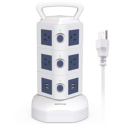 Power Strip Tower JACKYLED Surge Protector Electric Charging Station 13A 10 AC Outlets 4 USB Ports with 16AWG 6.5ft Heavy Duty Extension Cord for Home Office White Light Blue