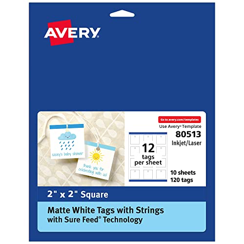 Étiquettes carrées Sure Feed Avery 5,1 cm avec cordes pour impression recto verso nette