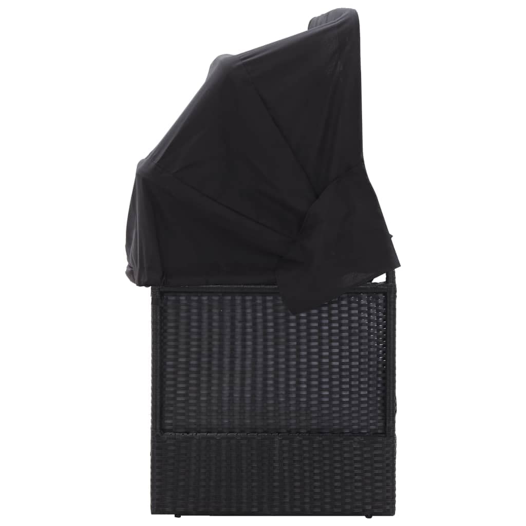 Lettino Prendisole con Baldacchino Nero Rattan PE 205x62x124 cm | Divano letto esterno in rattan PE con cuscino spesso 7 cm e struttura in acciaio, per giardino o piscina