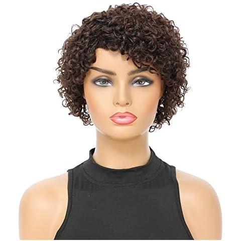 iShine Short Curly Human Hair Wigs for Black Women Brown Pixie Cut Wigs Afro Kinky Curly Wig with Side Bangs Short Pixie Wig for Women Brazilian Hair None Lace Light Brown-#4 Cover