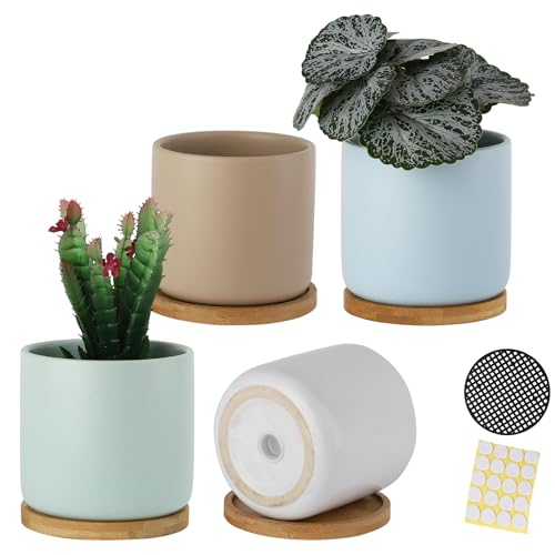 BABALIU 4 Inch Planters with Drainage Hole and Saucer, Small Ceramic Cylinder Plant Pot with Trays for Succulent, Aloe, Cactus & Herbs, Morandi Colors, Set of 4