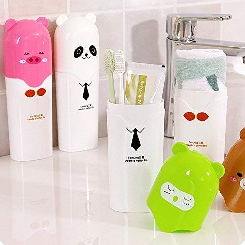 Image of Teddy Shape Plastic Cute Cartoon Tooth Mug Protector Toothbrush Holder Travel, Camping Bathroom for Storage Container Organizer Accessories - Multicolor.