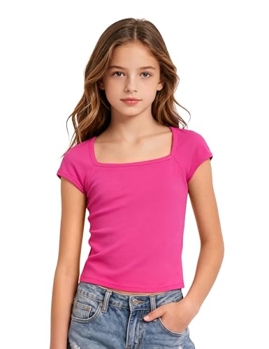 Image of Crop Tops for Girls Short Sleeve Shirt Girls Summer Tops Square Neck Slim Fit Tops Basic Tee
