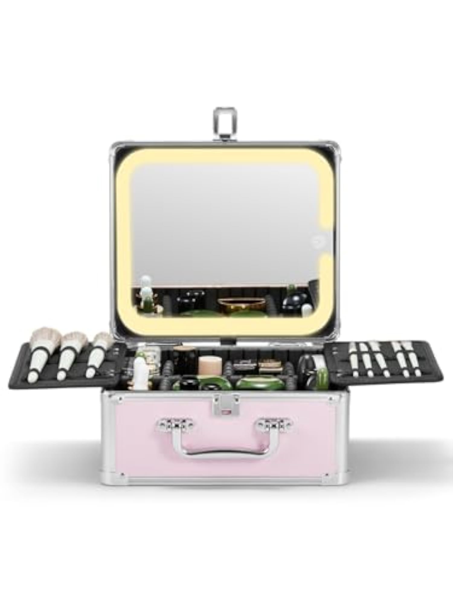 Lighted Mirror Portable Makeup Box with Adjustable Dividers