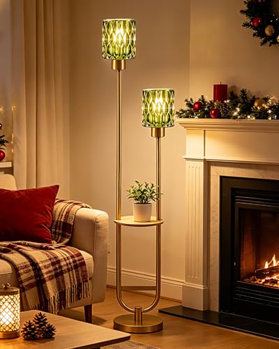 Image of Lightdot 2-Lights Modern Glass Floor Lamp with Shelf Gold Standing Tall Lamps with Green Glass Shade for Wedding /Party,LED Floor Lamp with Foot Switch for Living Room Bedroom Home Decor