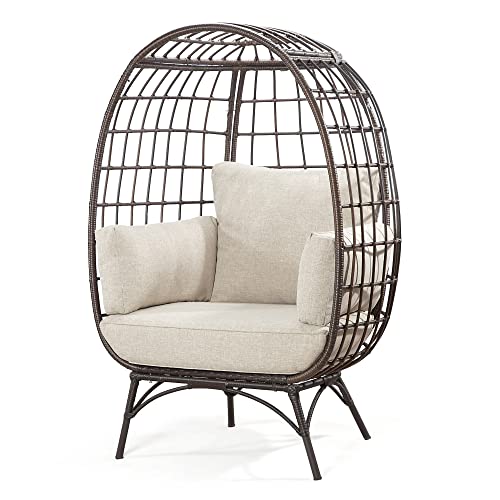 Joyside Patio Wicker Egg Chair With Cushion, Oversized Indoor Outdoor Lounger For Patio, Living Room, Pe Rattan Chair Steel Frame For Room Indoor/Outdoor, Strong Load Capacity, Beige Cushion #TOP5