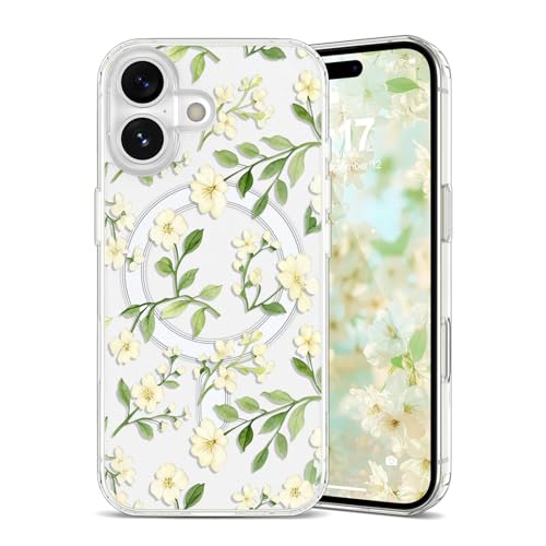 Coque iPhone 16 Plus transparente antichoc magnétique Magsafe étui fleurs femmes