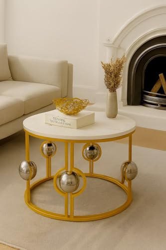 Image of Marble Look Coffee Table, Round Accent Metal Center Table with Golden Metal Golden White