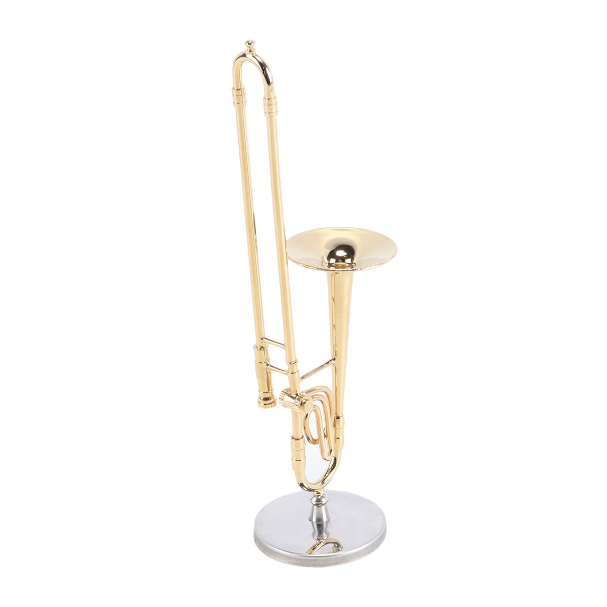 Réplica de trombón en miniatura con soporte y estuche, instrumento chapado en oro, réplica de trombón de saxofón en miniatura chapado en oro de 14 cm.