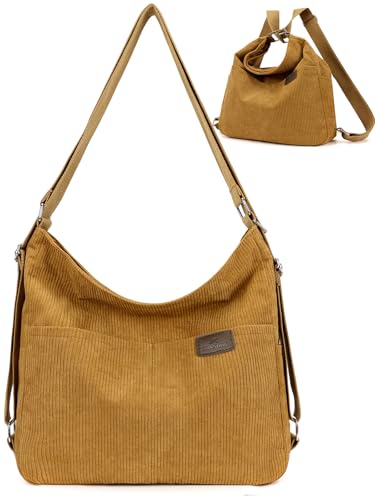 Image of Convertible Corduroy Tote Bag Backpack Purse Hobo Shoulder Bag for Women with Zipper Multi Pockets, Brown