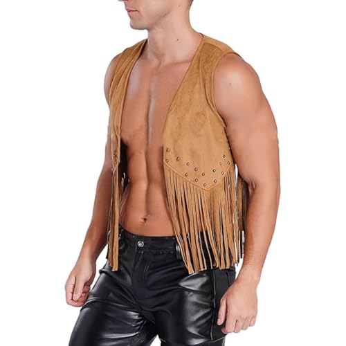 cffvdiz Fringe Vest for Men Faux Suede Sleeveless Vest Vintage 70S Bohemian Western Outfit Cardigan2