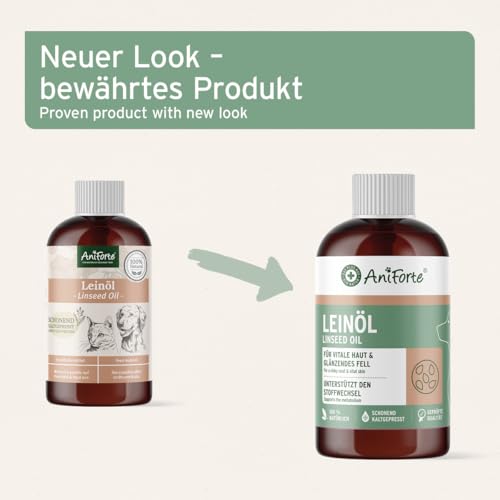 AniForte Leinöl Hunde & Katzen 500ml - Natives & kaltgepresstes Leinsamenöl, reich an Omega 3 & Omega 6 Fettsäuren, Barf Öl Zusatz, Leinöl für Hunde & Katzen