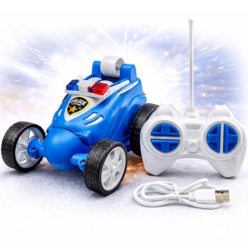 Image of Remote Controled Police Stunt Car Toy, All-Terrain Performance, 360 Rotating Rolling LED Flashing Lights with Police Siren Sound, Anti-Skid Rubber Tires, Grey, C Type Rechargeable 368PO Blue