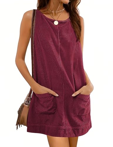Hooever Women's Corduroy Overall Dress Round Neck A Line Skirtall Jumper Mini Dress Pinafore with Pockets(WineRed-M)