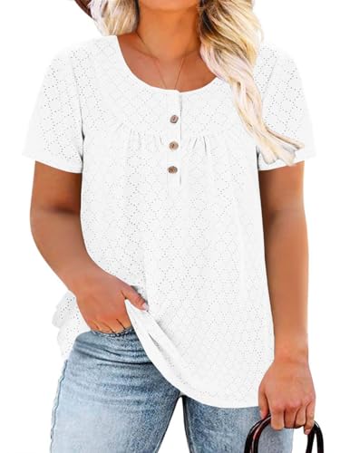 Image of VISLILY Womens-Plus-Size-Summer-Tops Buttons Up Henley Shirts Flowy Pleated Tunics Trendy Eyelet Short Sleeve Blouses