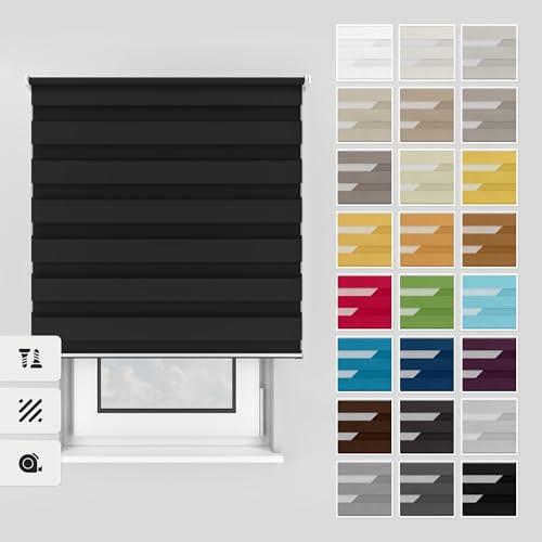 Estika Doppelrollo mit Bohren 155x220 cm Farbe: Schwarz, Rollo Deckenmontage und Wandmontage Fenster rollos für innen, Jalousien Fenster, Tür Rollo