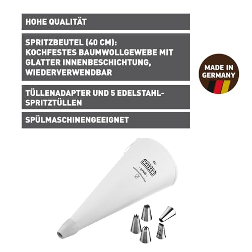 Foto von Original Kaiser La Forme Plus Spritzbeutel Set 7-teilig, Spritzbeutel wiederverwendbar groß mit Tüllen, Adapterund 5 Spritztüllen, kochfest, Schneidehilfslinie, Weiß /Silber