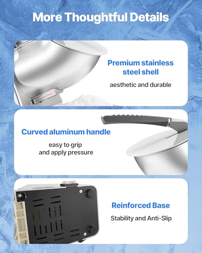 Image of VEVOR Ice Crusher Machine, 143lbs Per Hour Electric 2 Blades Snow Cone Maker, Stainless Steel Shaved Ice Machine with Bowl and Cover, 300W 2000RPM Ice-Shaver for Home and Commercial Use, Silver