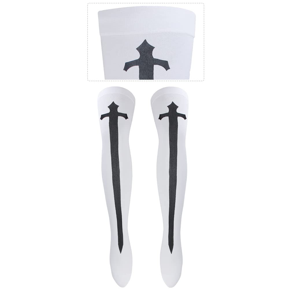 Yewong Nun Costume Accessory Set with Catholic Nun Costume Hat, Nun Collar, Cross Pendent Necklace, Cross Print Stockings: Set-a