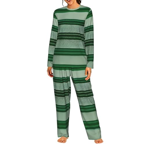 Pyjama long à rayures vertes pour femme ensemble de nuit élastique et doux