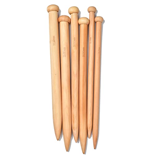 MPEIPILA Ferri da Maglia Grandi in Legno 35cm - Set 3 Paia Lunghi per Lavori a Maglia Grossa, Misure 15, 20, 25mm