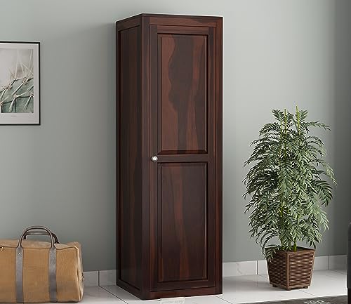 Image of Sheesham Wood Wooden Single Door Wardrobe Organizer for Clothes | - Solid Wood Almirah with 5 Shelves - Cupboard for Large Bedroom, Walnut Finish