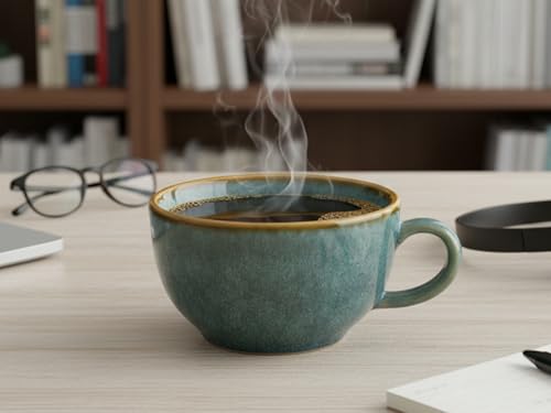 Image of Bodhi House Ceramic Soup and Coffee Wide Large Mug with Handle - Set of 2, 250 Ml Glossy Finish | Microwave Safe | for Maggi, Cappuccino, Latte, Green Tea - Ocean Green