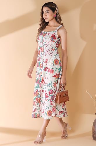 Image of Janasya Women's Cotton Floral Printed Gathered Dress