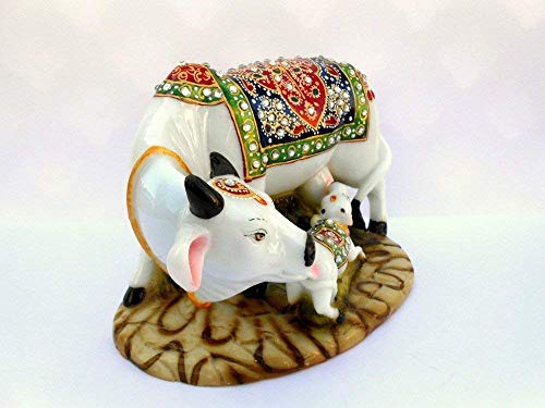 Image of JIYANSH Creation Kamdhenu Cow Calf Statue - Marble Dust Polyresin Vastu Showpiece for Home Temple Pooja Room - Handcrafted Figurine Gift (White Gold, 6 Inch)