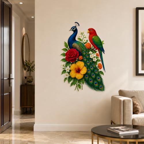 Image of Rangoli Peacock Parrot Wall Sticker Self-Adhesive 16 x 24 Inch Waterproof Wall Decor for Living Room Bedroom Office Bird Floral Wall Decal