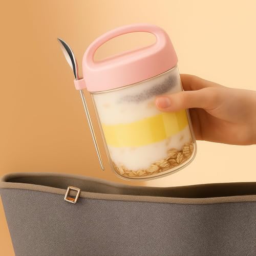 Image of Zephorus 2 PCS Overnight Oats Glass Jar with Lid and Spoon | Portable Mason Oatmeal Container Breakfast Cup Kitchen Storage Fruit, Milk, Salad, Nuts, Yogurt (Multicolor)