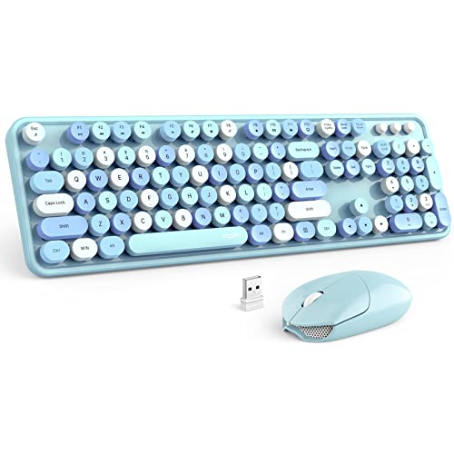 MOFII Wireless Keyboard and Mouse Combo, Blue Colorful Round Key Typewriter Keyboards, 2.4GHz Full Size Keyboard Computer Mice, USB Receiver Plug and Play, for Laptop, PC, Chromebook, Smart TV