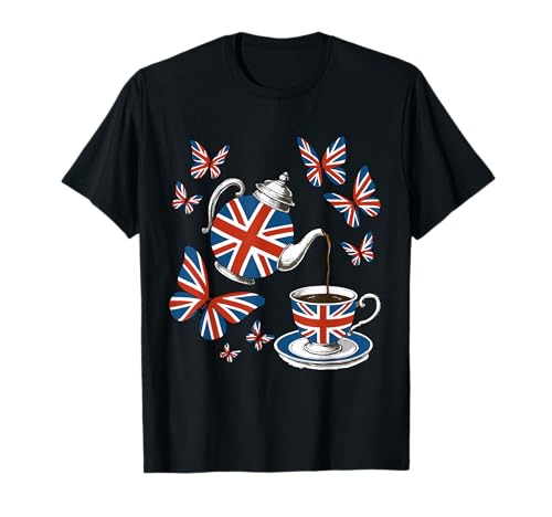 Union Jack Tea Cup Teapot Butterfly UK Flag Graphic T-Shirt