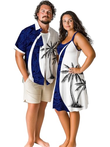 Image of ROSE GAL Matchable Couple Hawaiian Coconut Tree Print Shirt or Plus Size Knee Length Fit and Flare Tank Dress