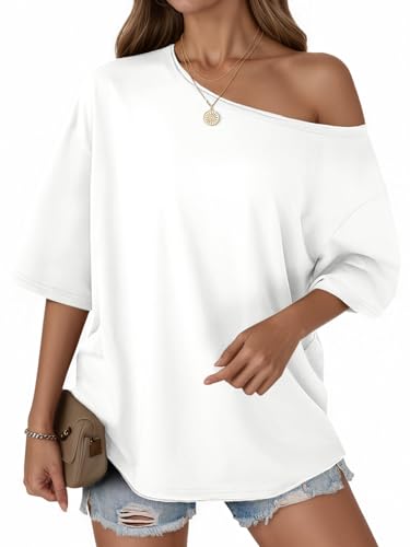 Cicy Bell Womens Oversized Tshirts Off The Shoulder Cotton Half Sleeve T Shirts Summer Casual Loose Fit Tunic Tops