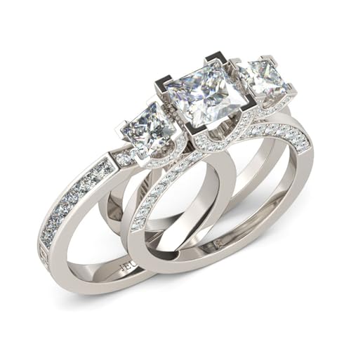Jeulia 2PCS Interchangeable Engagement Ring Set for Women; 925 Sterling Silver Three Stone Radiant Cut Wedding Ring Bride Set CZ Anniversary Promise Rings for Her with Jewelry Gift Box