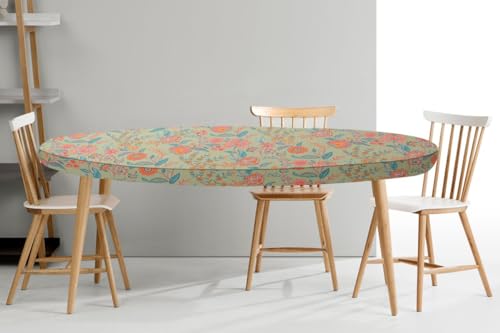 Image of The Furnishing Tree Elastic Cotton Oval Dining Table Cover 35x63 in Inches Floral Multicolor on Green Base