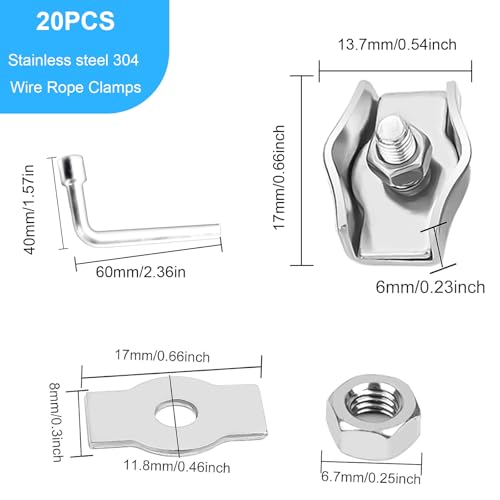 20 STK Drahtseilklemme M3, 304 Edelstahl Seilklemme Set, Drahtseilklemmen 3mm, Kabelklemmen, Drahtseil Clips Klemme für Stahlseil Drahtseil Wäscheleine Markise Fixiert, mit 7mm Schraubenschlüssel
