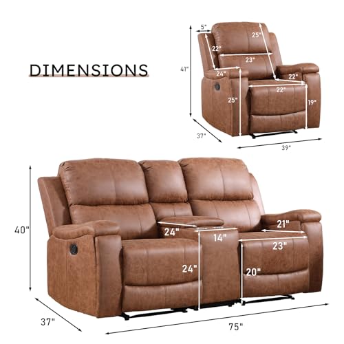 Image of CANMOV Faux Leather Manual Reclining Sofa Set, 2 Manual Single Recliner Chairs and 2 Seat Recliner Loveseat with Center Console, Hidden Storage and Cup Holders for Living Room,Bedroom Furniture,Brown