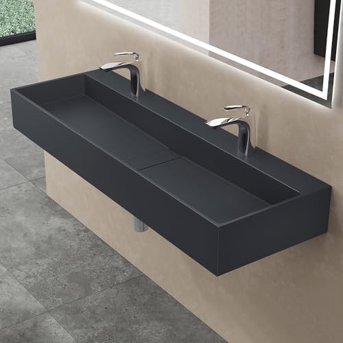 doporro Vasque à Poser Gris Noir Mat avec Bonde Lavabo de Salle de Bains Suspendu 120cm Lave Mains Rectangulaire avec Cache Bonde Colossum6028