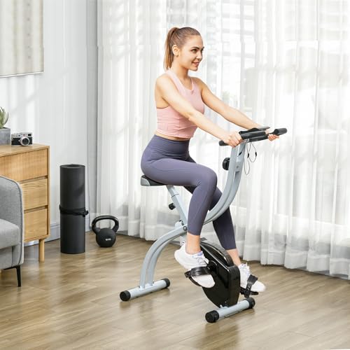 Soozier Foldable Exercise Bike, Quiet Stationary Bike with 8-Level Magnetic Resistance, Adjustable Seat, Pulse Sensor, Wheels and LCD Monitor, Black - Image 3