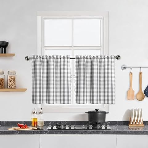 Grey Buffalo Plaid Cafe Curtains Set of 2 Cover